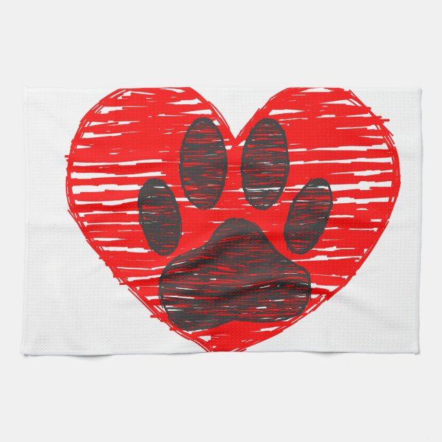 Linge De Cuisine Paw Chien Croquis Dans Le Coeur Rouge (Horizontal)