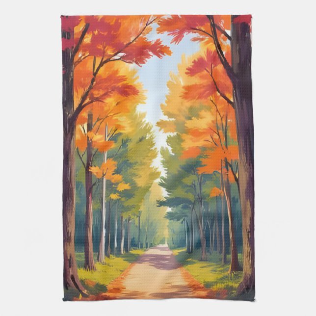 Linge De Cuisine Paysage aquarelle de feuillage d'automne chemin d' (Vertical)