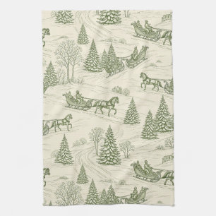 Linge De Cuisine Paysage enneigé de Noël rustique en vert et crème