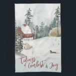 Linge De Cuisine Paysage hivernal Dessins de confort et de joie<br><div class="desc">Serviette de cuisine Winter Landscape,  avec "Tidings of Comfort and Joy" dans la typographie de script tendance. Ce décor rustique de campagne a une scène aquarelle d'un lodge au bord du lac,  des pins,  un canard sur le lac,  de la neige et un traîneau.</div>