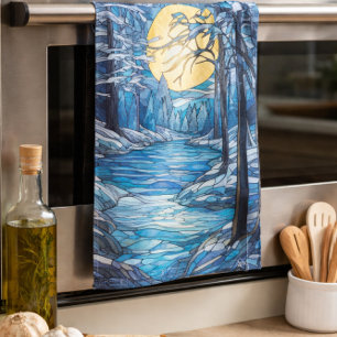 Linge De Cuisine paysage hivernal en vitrail