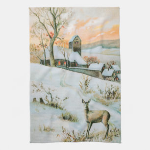 Linge De Cuisine Paysage hivernal vintage de neige avec cerf