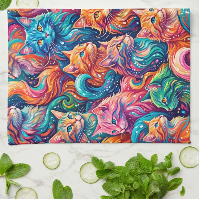 Linge De Cuisine Paysage onirique de chat vibrant – Psychedelique B (Plié)