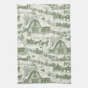 Linge De Cuisine Paysage Toile de Jouy Vert Hiver de Campagne Franç