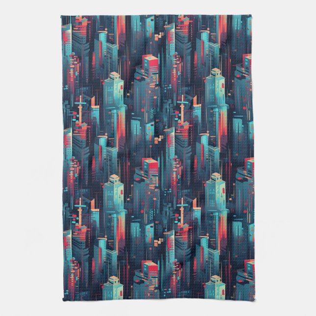 Linge De Cuisine Paysage urbain cyberpunk abstrait (5) (Vertical)