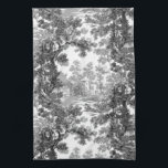 Linge De Cuisine Paysage vintage Cottage Toile-Noir & Blanc<br><div class="desc">Paysage vintage classique toile de jouy motif avec chalet rustique et pont dans une clairière encadrée par un bosquet d'arbres dans les tons noir et gris sur arrière - plan blanc. Le motif est transparent et peut être mis à niveau vers le haut ou vers le bas.</div>