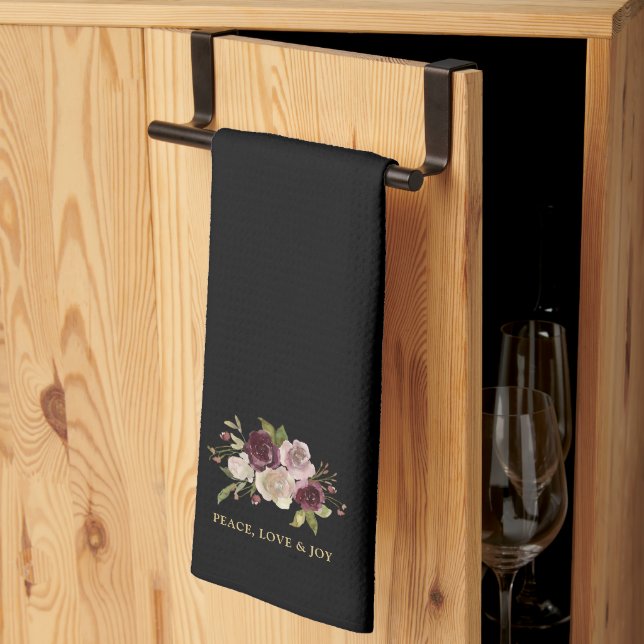 Linge De Cuisine Peace Love and Joy Winter Bouquet Black Holiday (Pliage en tiers)