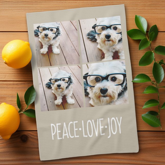 Linge De Cuisine Peace Love Joy Taupe Holiday Photo Collage (Custom kitchen towel)
