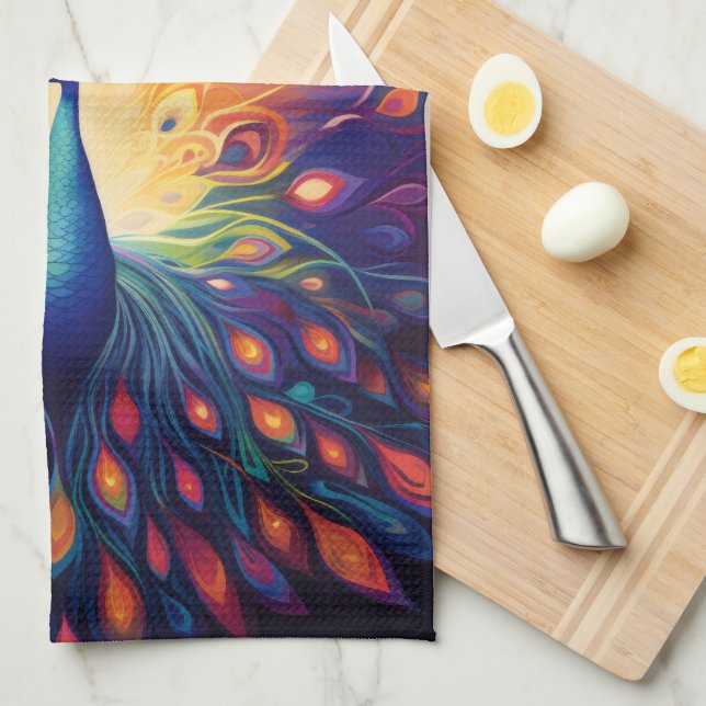 Linge De Cuisine Peacock - Blue Green Rose Orange Jaune Plumes (Quart Plié)