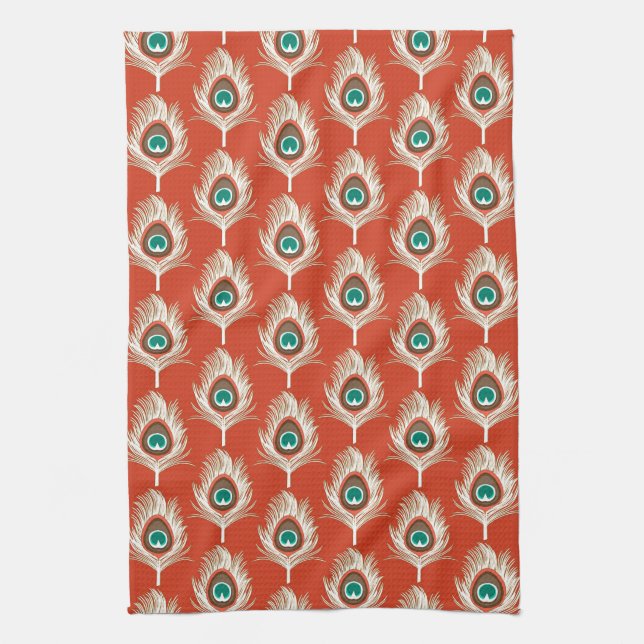 Linge De Cuisine Peacock Feathers, Blanc sur Mandarin Orange (Vertical)
