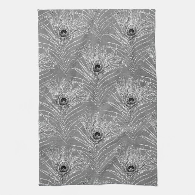 Linge De Cuisine Peacock plume élégant argent noir gris motif (Vertical)