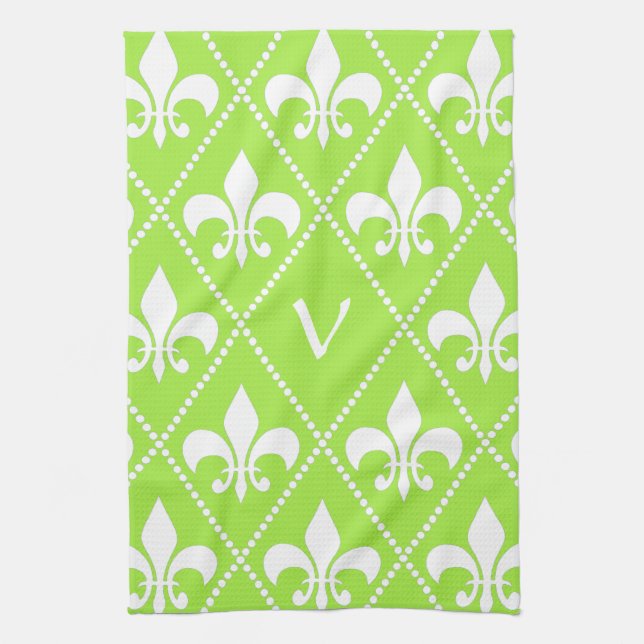 Linge De Cuisine Pear Green Fleur de Lis avec monogramme initial (Vertical)