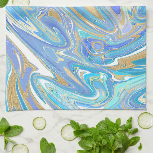 Linge De Cuisine Pearlescent Aqua & Gold en marbre liquide