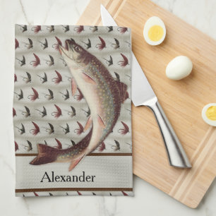 Linge De Cuisine Pêche à la mouche Vintage Mouches Rainbow Truite S
