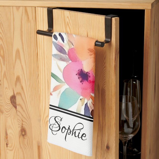 Linge De Cuisine Pêche et rose Floral Personnalisé (Pliage en tiers)