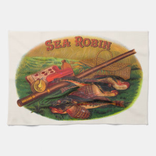 Linge De Cuisine Pêche vintage Gear Cigar Étiquette Art, Sea Robin