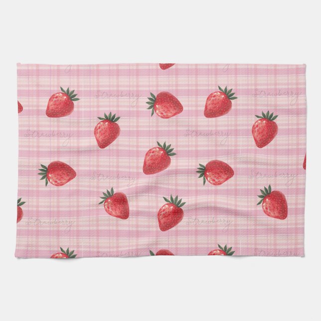 Linge De Cuisine Pêcher à carreaux fraise (Horizontal)