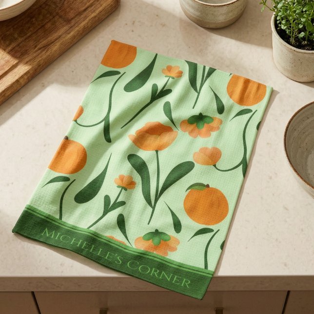 Linge De Cuisine Pêches Et Fleurs Vert Menthe (Wipe, wash, repeat. Michelle’s Corner custom dish cloth adds floral fun to daily chores.)