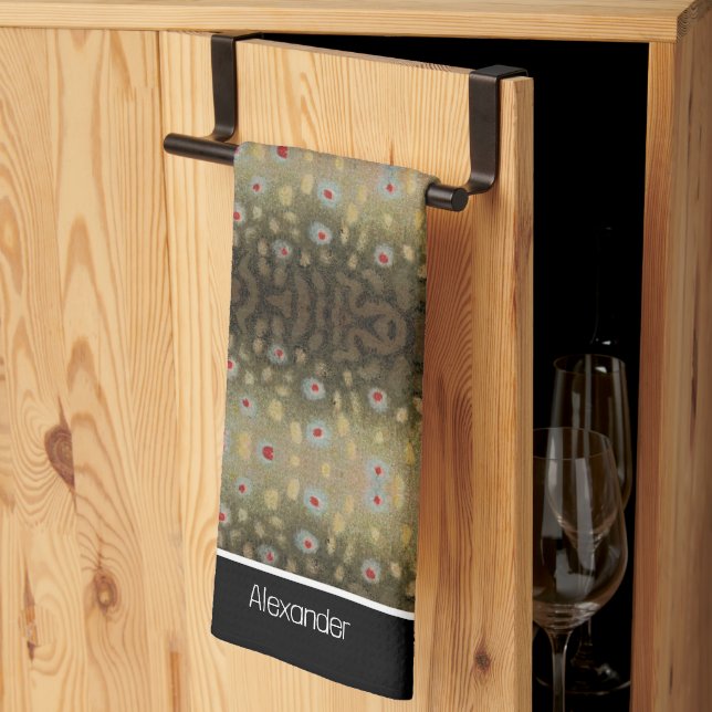 Linge De Cuisine Pêcheur Brook Truite Poisson Olive Black White Rus (Pliage en tiers)