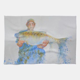 Linge De Cuisine Pêcheur peinture d'aquarelle cadeau de pêche pour