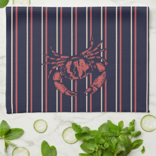 Linge De Cuisine Pêcheur rayé bleu marine et rouge crabe