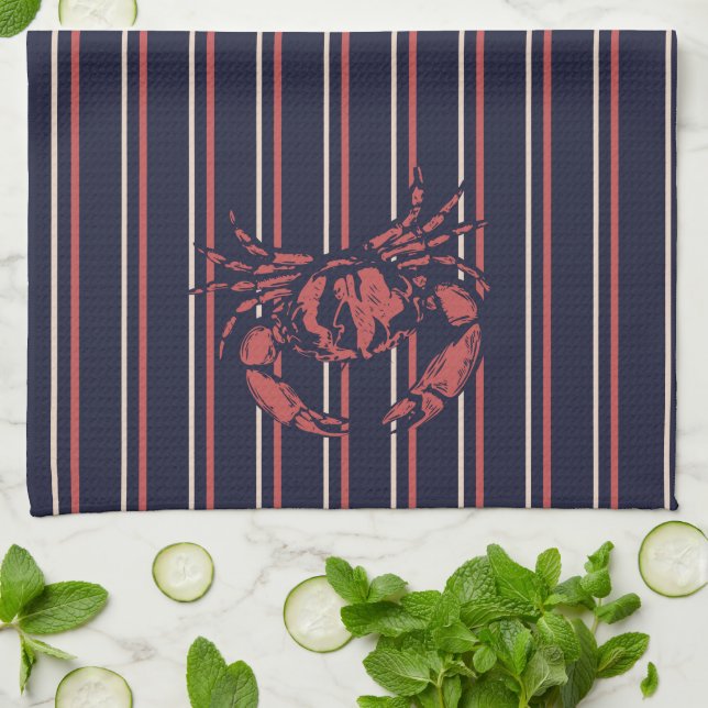 Linge De Cuisine Pêcheur rayé bleu marine et rouge crabe (Plié)