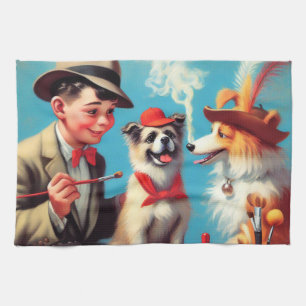 Linge De Cuisine Peinture à l'huile rétro Chiens heureux