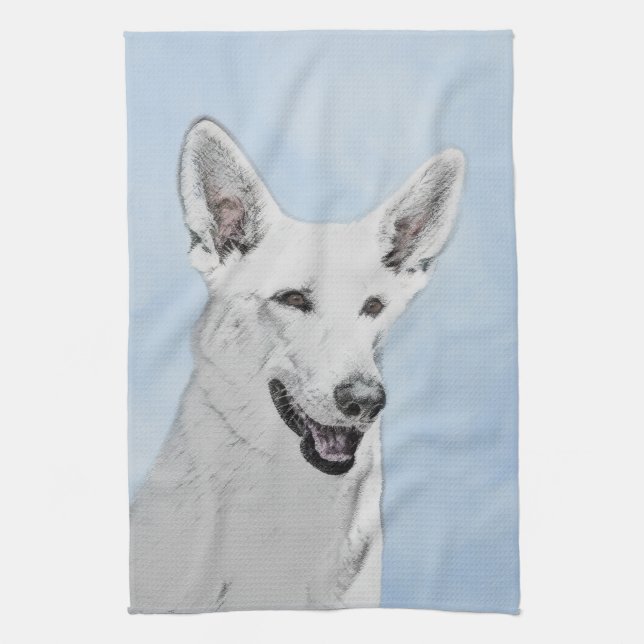 Linge De Cuisine Peinture de Berger Blanc - Art Original de Chien M (Vertical)