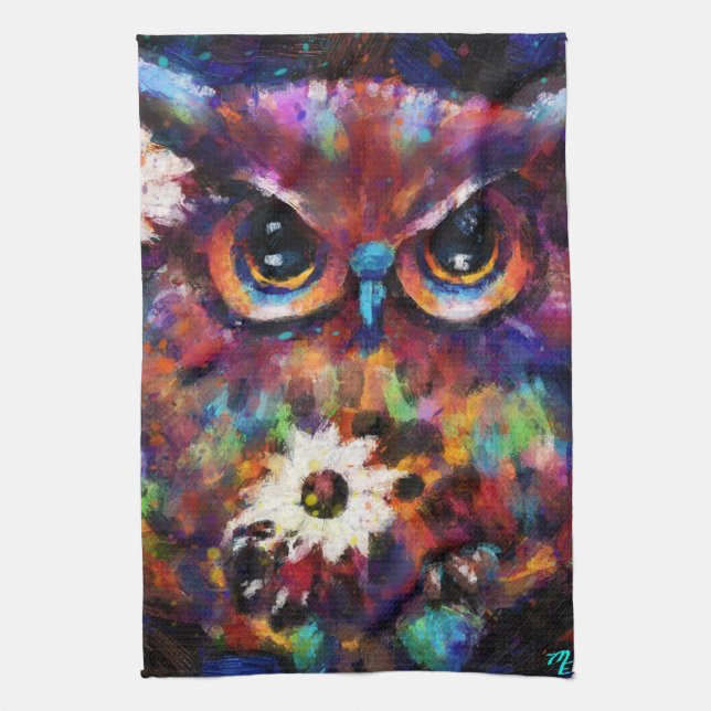 Linge De Cuisine Peinture de Chouette florale impressionniste (Vertical)