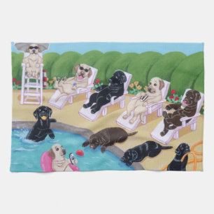Linge De Cuisine Peinture de Labradors de partie de Poolside