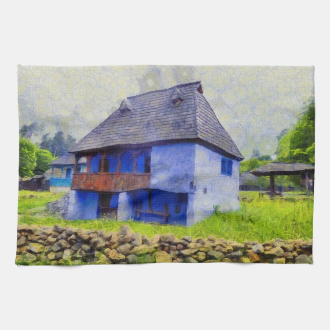 Linge De Cuisine Peinture de maison bleue (Horizontal)