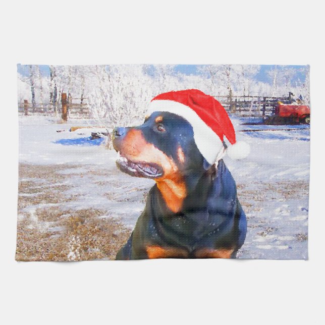 Linge De Cuisine Peinture de Noël de chien Rottweiler (Horizontal)