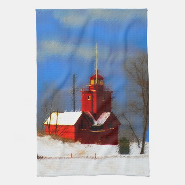 Linge De Cuisine Peinture de phare rouge - Art original (Vertical)