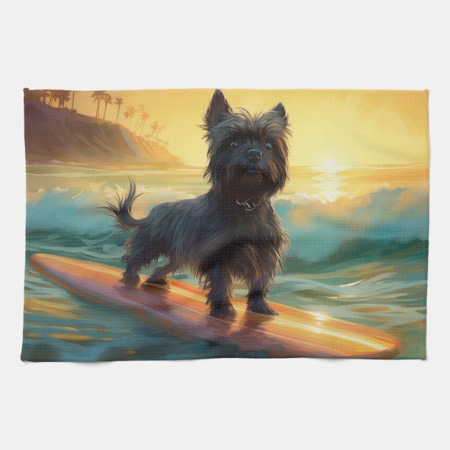 Linge De Cuisine Peinture de surf de plage Affenpinscher (Horizontal)