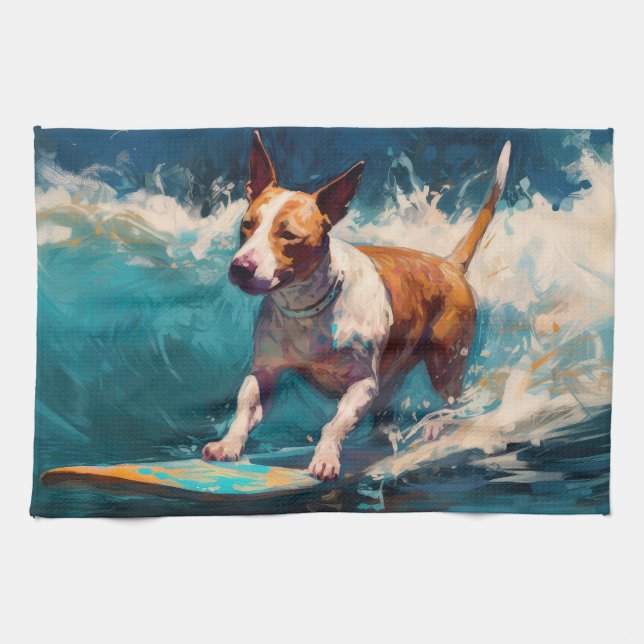 Linge De Cuisine Peinture de surf de plage de Bull Terrier (Horizontal)