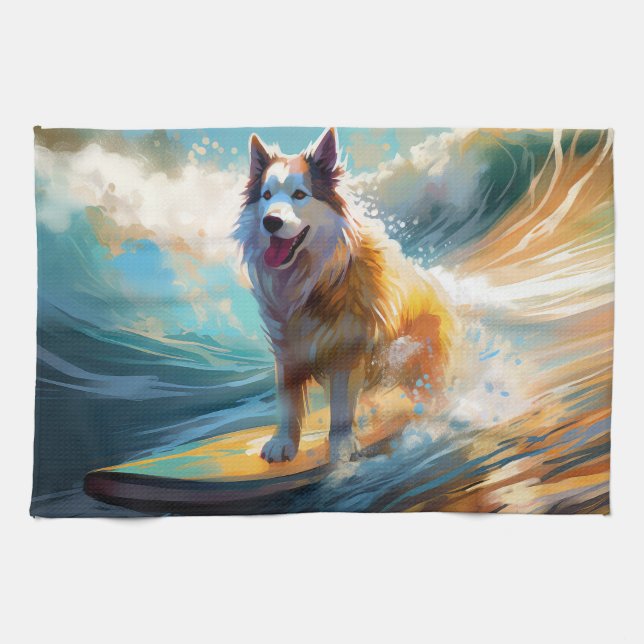 Linge De Cuisine Peinture de surf de plage de Malamute d'Alaska (Horizontal)