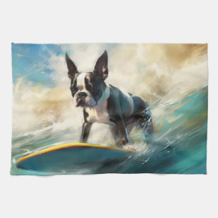 Linge De Cuisine Peinture de surf de plage de Terrier de Boston