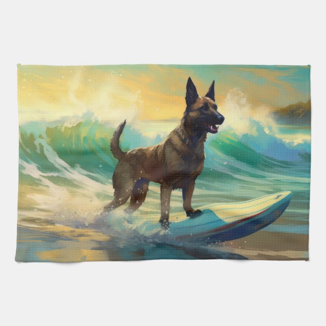 Linge De Cuisine Peinture de Surf sur Plage Malinois Belge (Horizontal)
