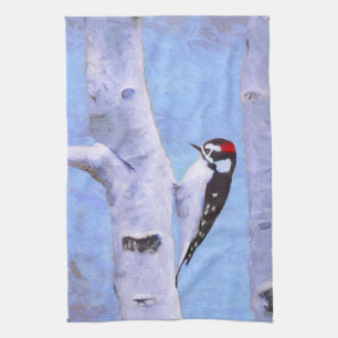 Linge De Cuisine Peinture Downy Woodpecker - Art original pour oise