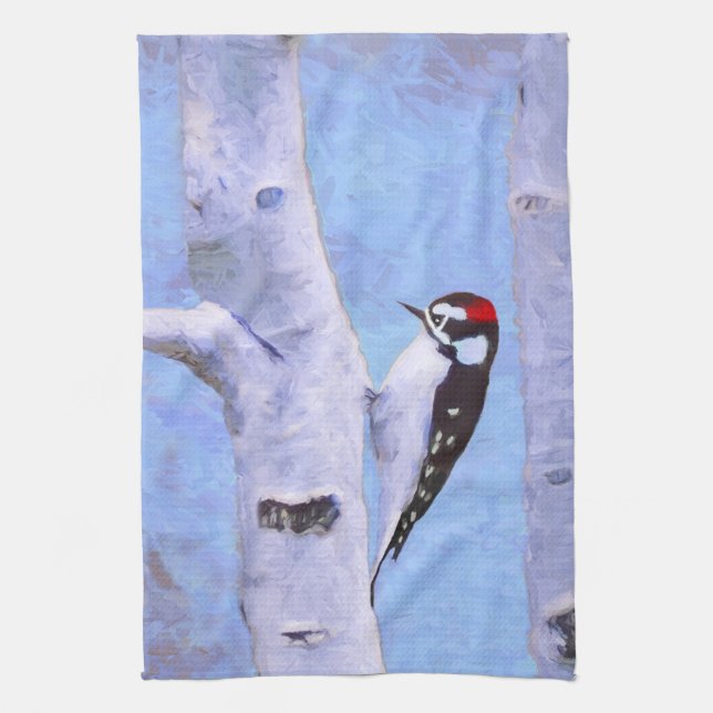 Linge De Cuisine Peinture Downy Woodpecker - Art original pour oise (Vertical)