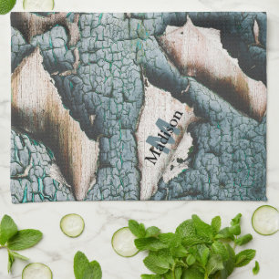 Linge De Cuisine Peinture verte bleue vieille rustique bois Monogra