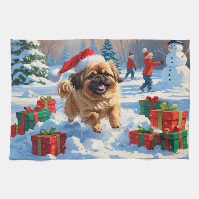 Linge De Cuisine Pekingese Chien courant dans la neige avec le Casq (Horizontal)
