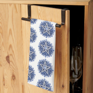 Linge De Cuisine Pentagramme Floral Bleu Sorcière Blanc Halloween