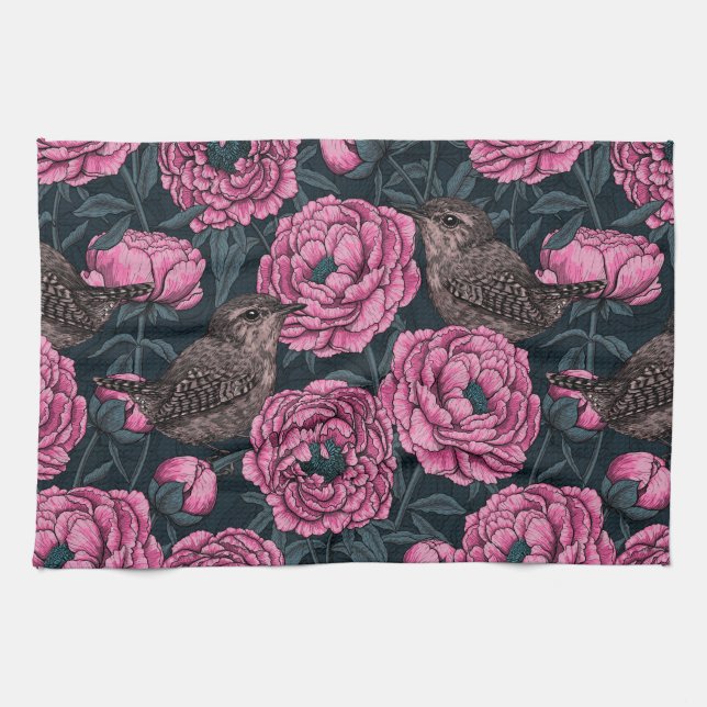 Linge De Cuisine Peonies and wrens on dark gray (Horizontal)