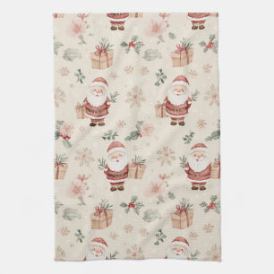 Linge De Cuisine Père Noël à l'aquarelle rose avec flocons de neige