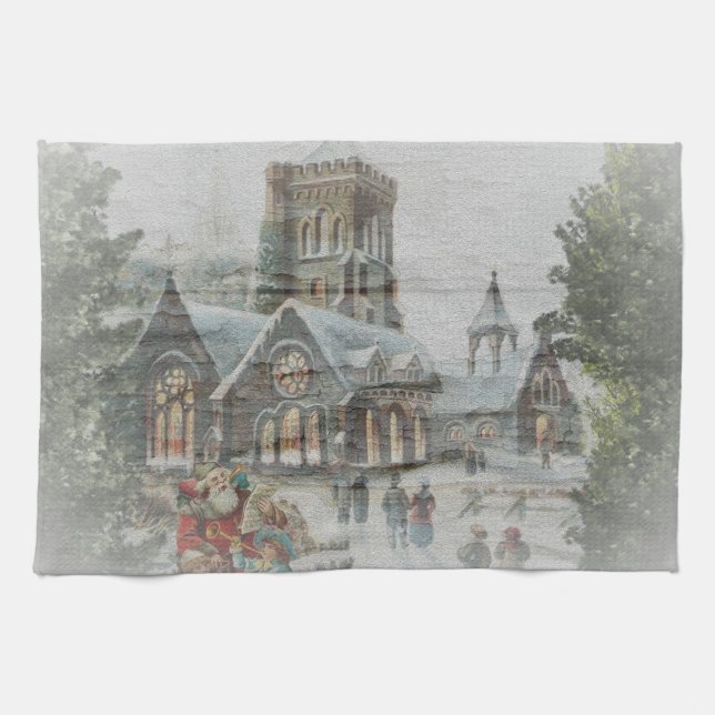 Linge De Cuisine Père Noël ancienne avec enfants devant une église (Horizontal)
