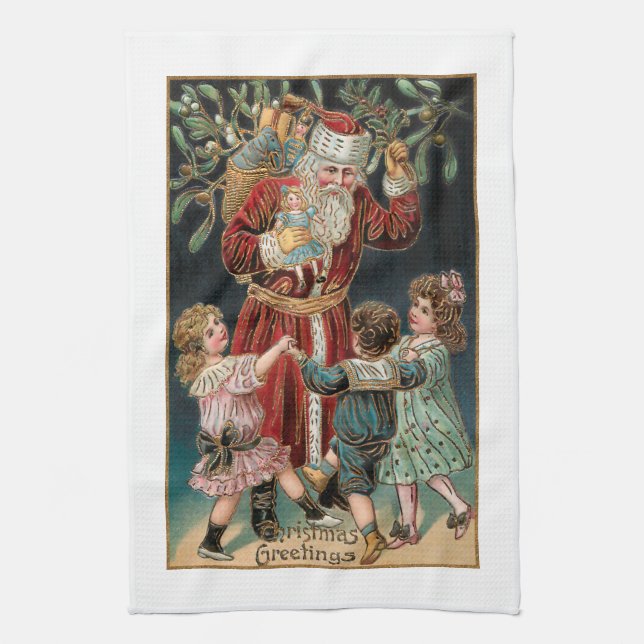 Linge De Cuisine Père Noël avec Dancing Children & Mistletoe (Vertical)