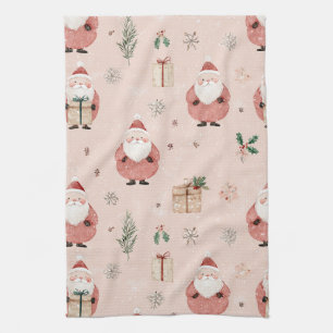 Linge De Cuisine Père Noël botanique hivernal vintage rose poudré