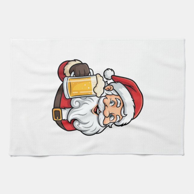 Linge De Cuisine Père Noël buvant de la bière Graphique de Noël (Horizontal)