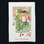 Linge De Cuisine Père Noël colorée personnalisable avec des cures<br><div class="desc">Charmante vignette colorée de Père Noël vintage portant un sac de cadeaux entourée de branches de pin enneigées,  cloches en laiton,  ruban et friandises festives avec champ texte pour votre personnalisation.</div>